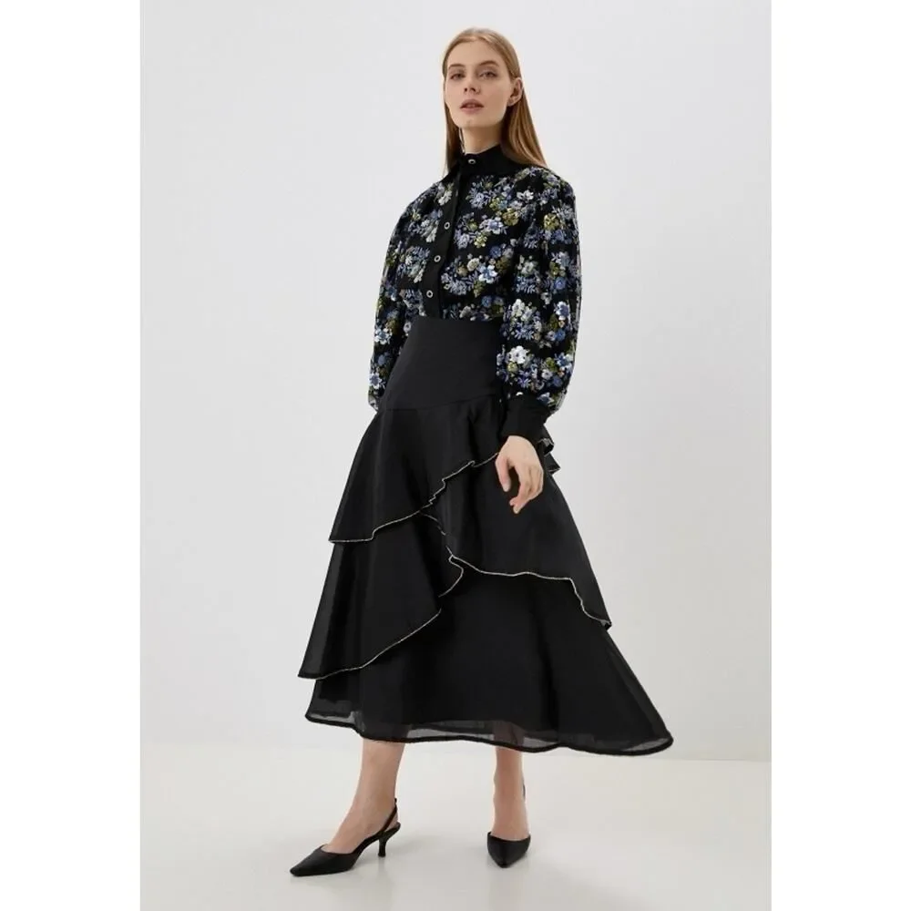 Sister Jane Black Ruffle Midi Skirt Beaded Trim Tiered XS Romantic